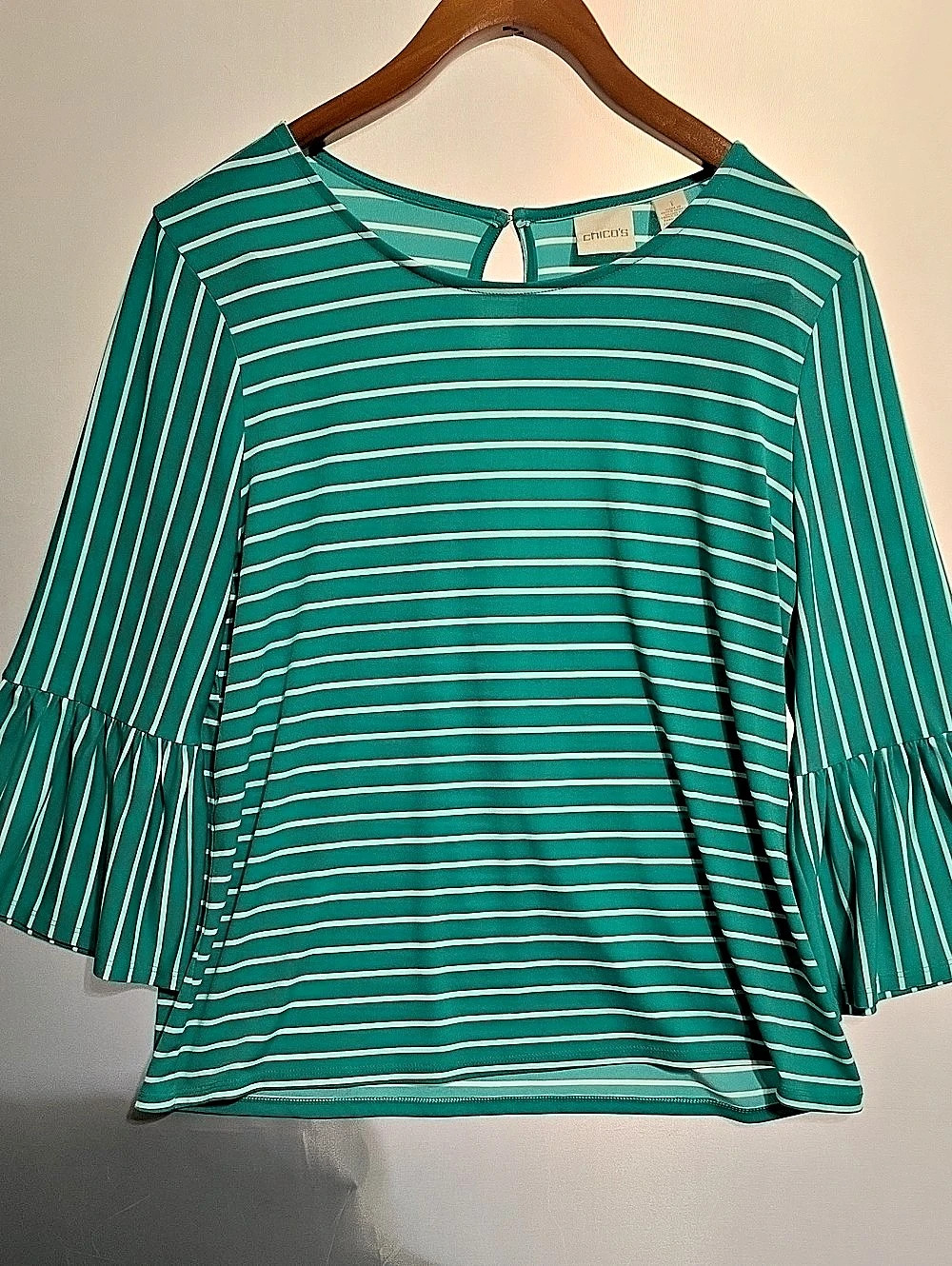 Chico's Striped Flare 3/4" Sleeve Top in Green Size 1 Like New L